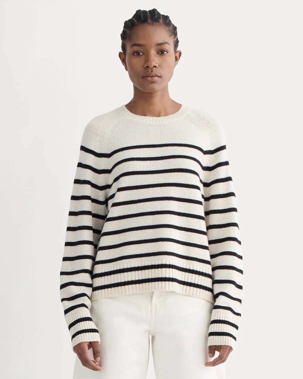 NWT Everlane The Boxy Crew In Cashmere Relaxed Fit Sweater Bone Black Size XS